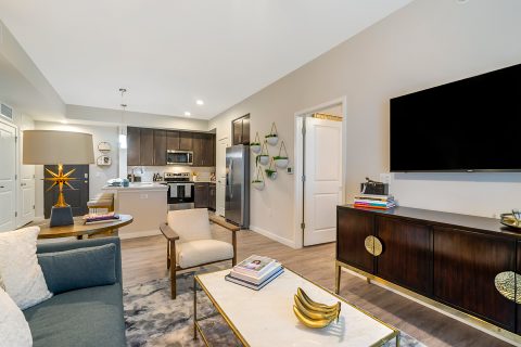 Model apartment interior with open kitchen and living area, large TV, and wood-style flooring throughout