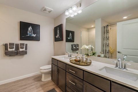 Model apartment bathroom with large mirror, dark wood cabinets, and double vanity sinks