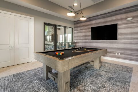 Community game room with pool table and TV screen
