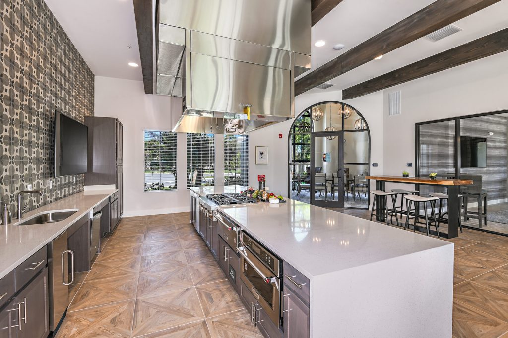 Clubhouse kitchen area with island, single sink, steel appliances, seating, and television