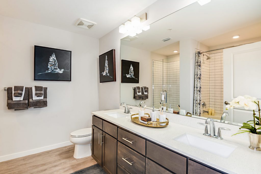 Bathroom with dual sink and mirrors, wall paintings, and wood flooring